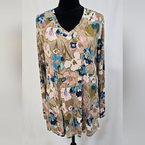 LOGO Lori Goldstein women M jersey knit floral tunic pocket lagenlook resort